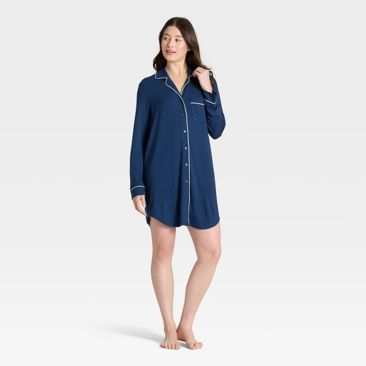 Women's Cloud Knit Modal Notch Collar Long Sleeve Nightgown - Auden™ Navy Blue S | Target