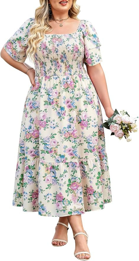 Younrui Women's Plus Size Wedding Guest Dresses with Pockets Ruffle Sleeves Square Neck Smocked W... | Amazon (US)