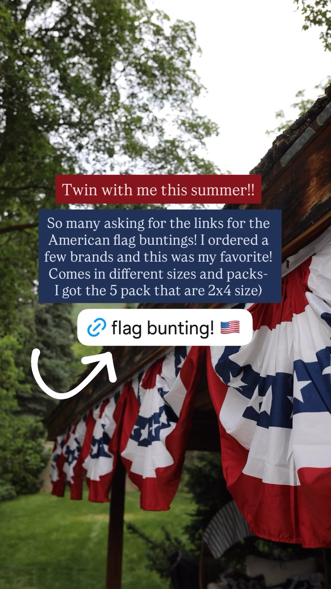 Twin with me this summer 🇺🇸✨

So many of you have been asking for the American flag buntings, and after ordering a few different brands to compare, this one was my favorite by far!

They come in multiple sizes and pack options. I chose the 5-pack in the 2' x 4' size, and they are absolutely perfect for porches, fences, pool houses, and all your patriotic summer decorating.
Such an easy way to add classic Americana charm for Memorial Day, the Fourth of July, and beyond! ❤️🤍💙
#LTKHome #LTKSeasonal #LTKStyleTip #AmericanDecor #FourthOfJulyDecor #PatrioticDecor #SummerDecor #FrontPorchDecor #AmericanaStyle #HomeInspiration

#LTKHome #LTKSeasonal