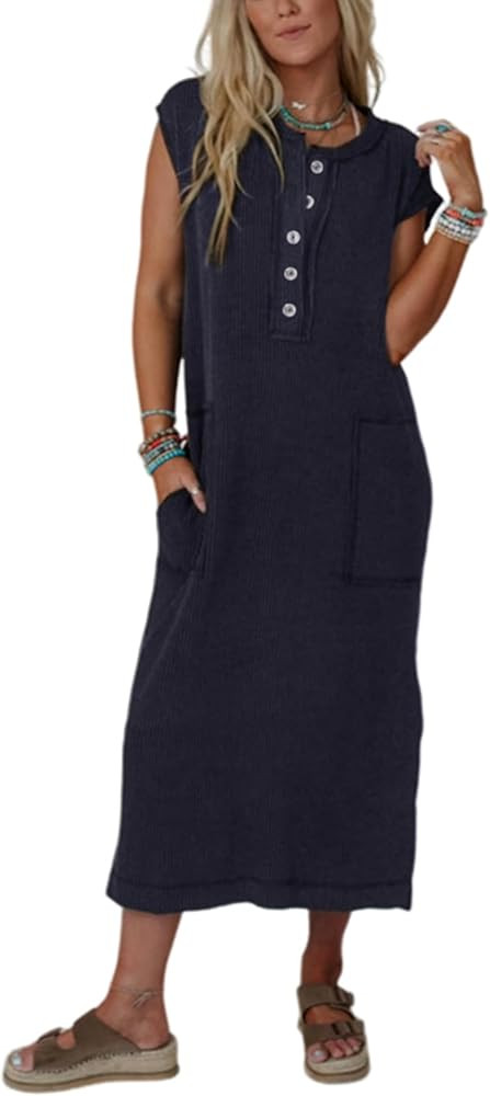 Womens Maxi Dresses 2025 Summer Casual Long Dress Textured Knit Button Sleeveless Dress Fall Outf... | Amazon (US)
