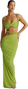 Women's Two Piece Skirt Sets Summer Beach Sexy Ruched Backless Cami Top And Cut Out Skirt Night O... | Amazon (US)