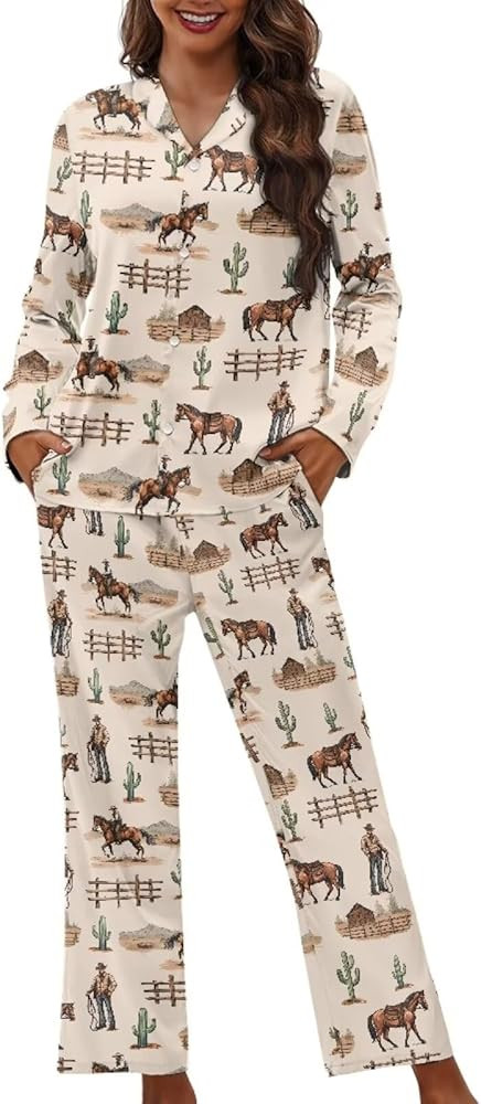 Pajamas for Women Set Long Sleeve Button Down Pajama Set Womens Button Up Top Pants | Amazon (US)