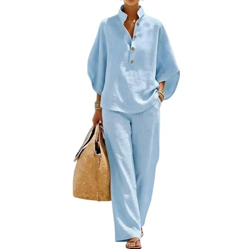 Amazon.com: KGKQHKQ Cotton Linen Sets for Women 2 Piece Batwing Sleeve V Neck Button Shirts and W... | Amazon (US)