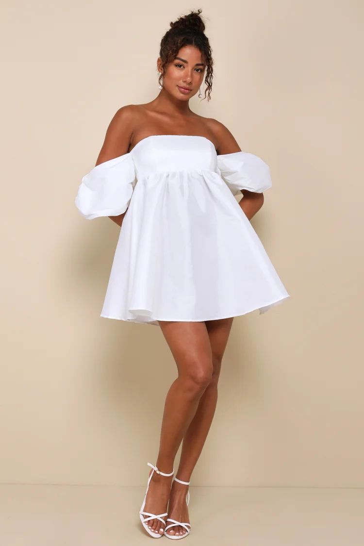 Sweet Vision White Taffeta Off-the-Shoulder Babydoll Mini Dress | Lulus