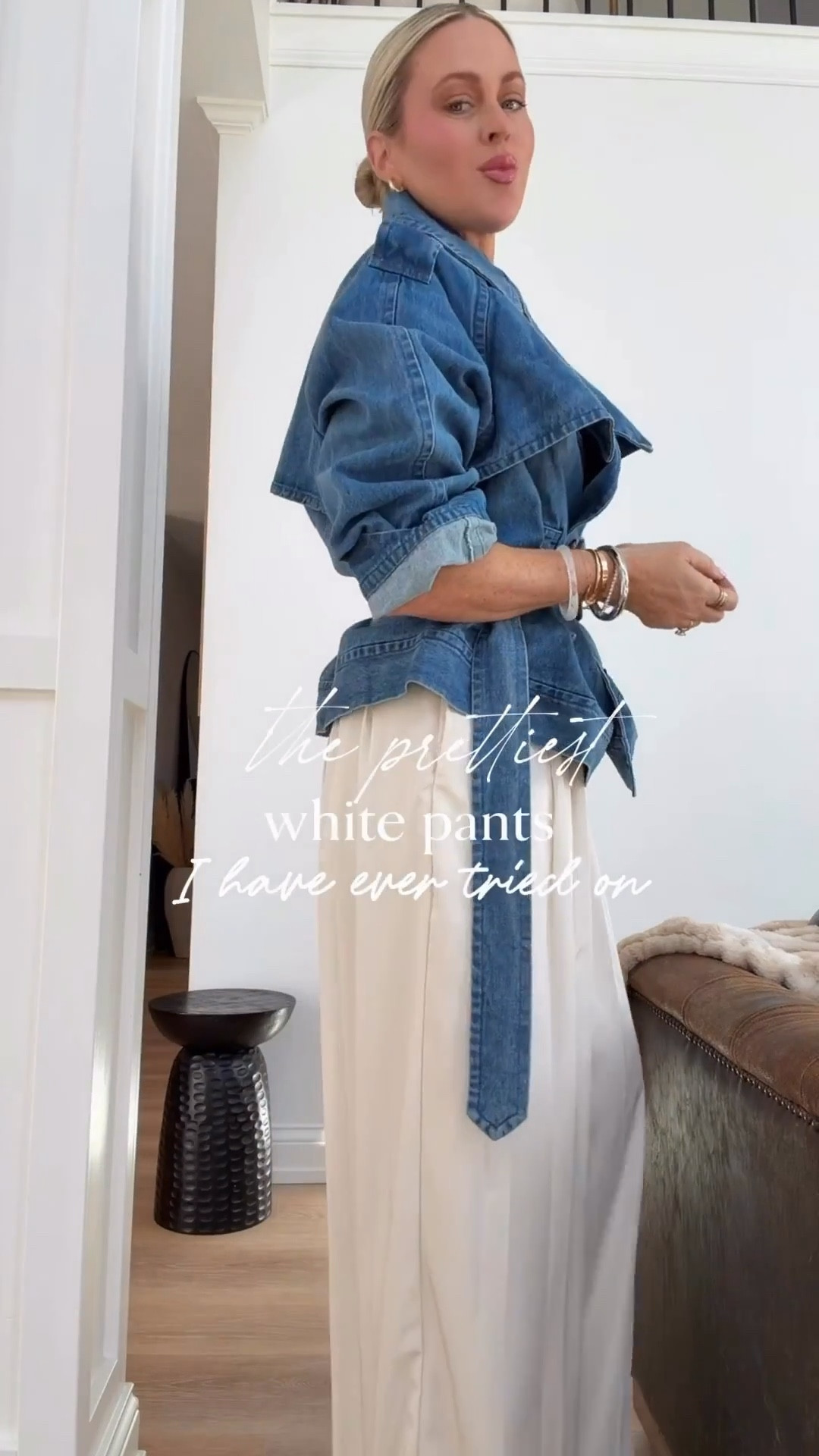 Obsessed with this outfit🤍🔥. The silhouette of these pants is so flattering and they’re under $90. They come in three colors and are such a good elevated everyday piece. I’m wearing a medium in the pants and S/M in the denim blazer jacket.
Think showers, graduations, brunch, date night- so good! 🤍🤍🤍

Spring outfits. Denim wrap coat. High collar. White pants. Dressy. Easter. Graduation. 

#LTKootd #LTKSeasonal