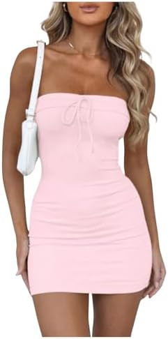 MakeMeChic Women's Ruched Knot Front Tube Dress Rib Knitted Bodycon Bandeau Mini Dresses | Amazon (US)