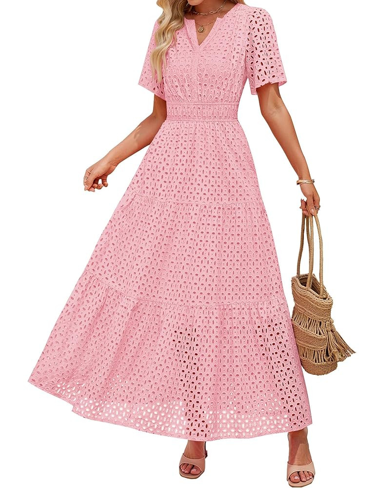 ZESICA Women's 2025 Summer Short Sleeve Maxi Dress Casual V Neck Hollow Out Eyelet Ruffle Swing A... | Amazon (US)