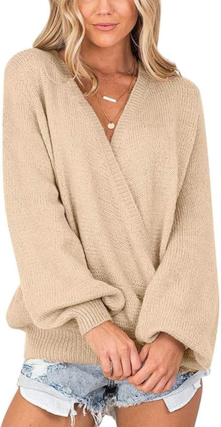 Chigant Knit Pullover Sweater Women Deep V Neck Loose Fit Pullover Long Sleeve Oversized Jumper T... | Amazon (US)