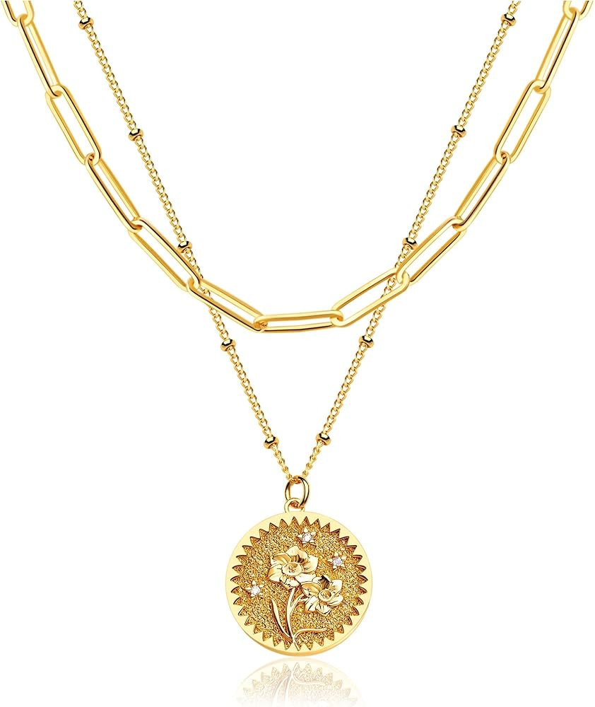 Layered Birth Flower Coin Necklace for Women 18K Gold Plated Double Layered Engraved Custom Flora... | Amazon (US)
