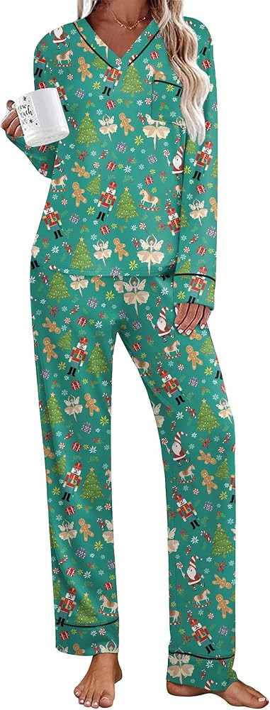 Ekouaer Women's Pajamas Sets 2 piece PJs V Neck Long Sleeve Sleepwear Comfy Pants Loungewear with... | Amazon (US)