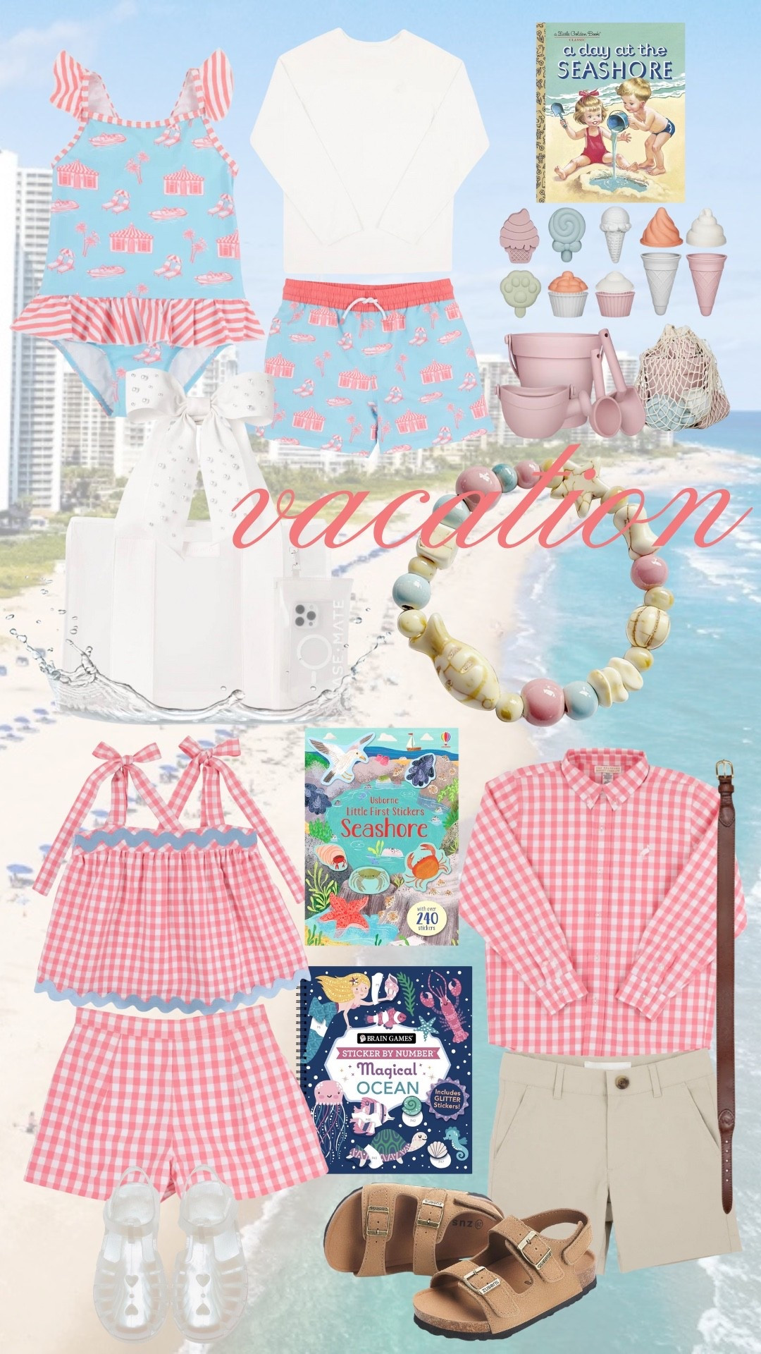 Cute Spring Break and resort looks for siblings! 🐚🦀🥥 Books and sticker books to entertain them during travel and a sand mold set for once you’re there. Waterproof beach bag, sparkly sunscreen, and powder brush sunscreen. 