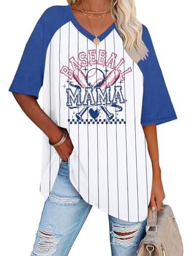 Baseball Mama Shirt Women Oversized V Neck Baseball Shirts Game Day Raglan Tee Tops B Blue | Amazon (US)