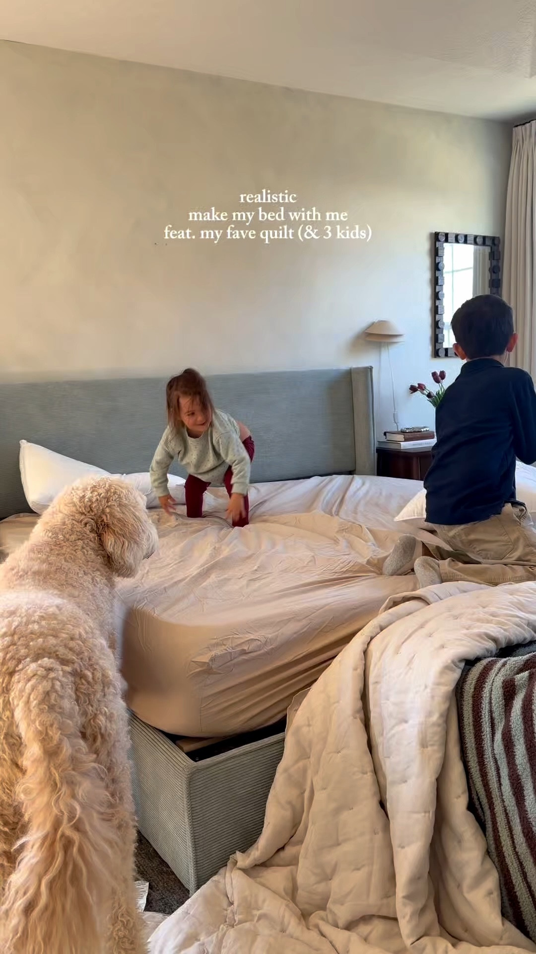 Making my bed with my 3 kids helping takes longer but is always worth it!

sheets: toffee
quilt: sand