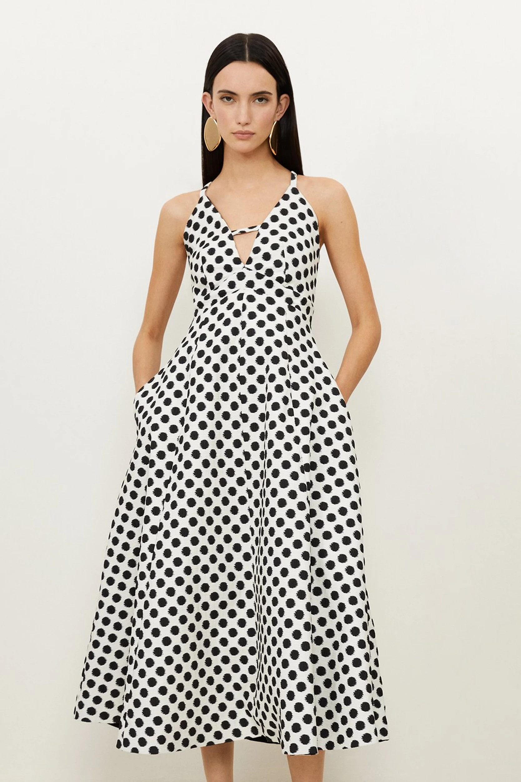 Tailored Jacquard Spot Strappy Midi Dress | Karen Millen UK + IE + DE + NL