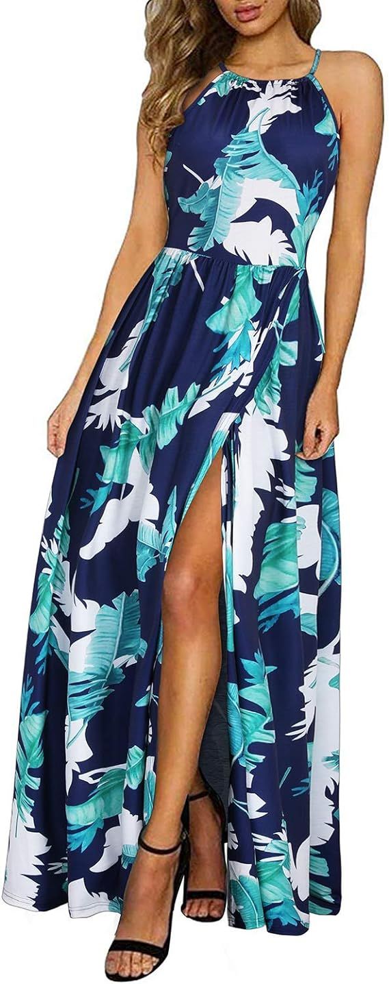 KILIG Women's Summer Casual Sleeveless Halter Neck Floral Print Beach Party Split Maxi Long Dress... | Amazon (US)