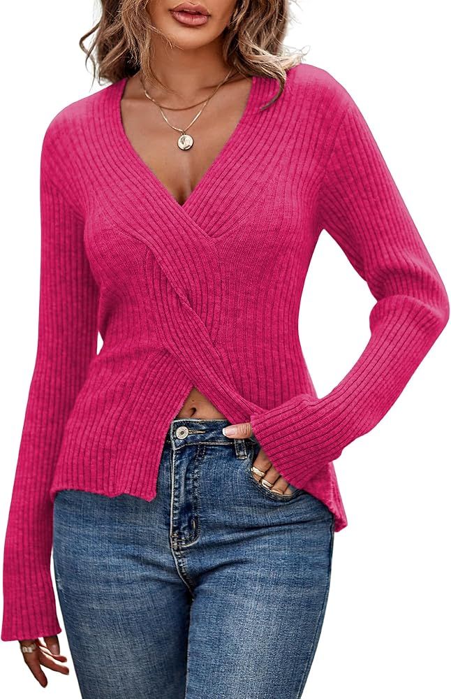 ZAFUL Women's Criss Cross V Neck Sweaters Front Slit Ribbed Knit Pullover Sweater Jumper Tops | Amazon (US)