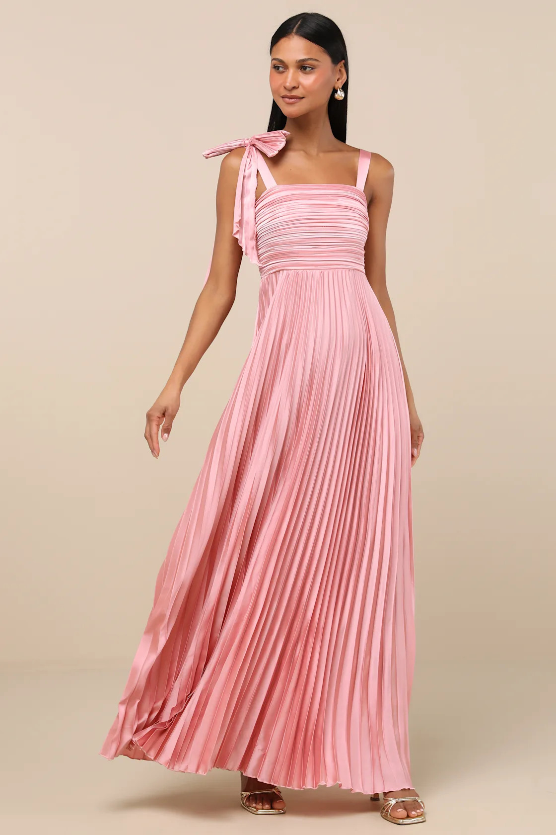 Gorgeous Purpose Pink Satin Pleated Sleeveless Bow Maxi Dress | Lulus