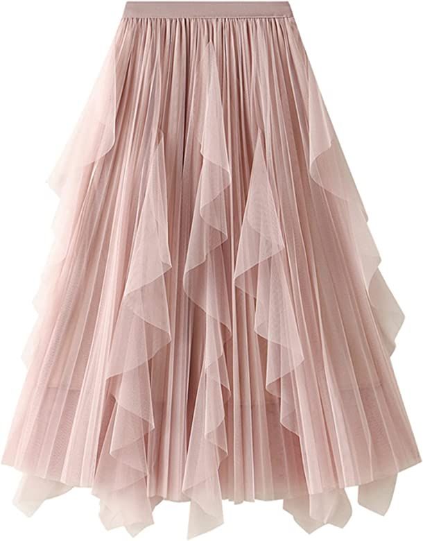 Dirholl Women's A-Line Fairy Elastic Waist Tulle Midi Skirt Scallop Pink at Amazon Women’s Clot... | Amazon (US)