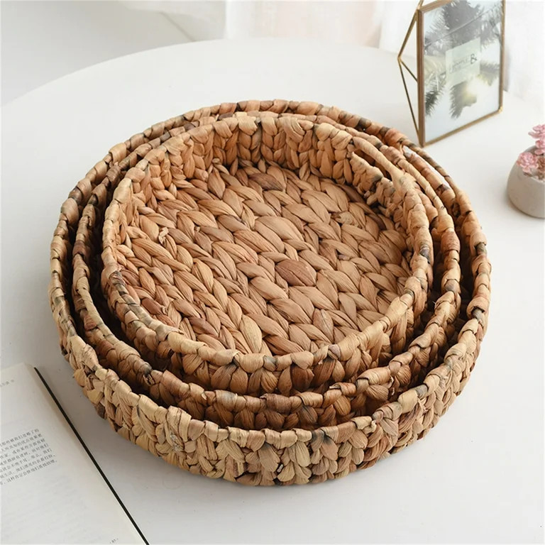 11"Round Woven Serving Tray,Happon Natural Round Rattan Tray with Handles,Hand Woven Tray for Cof... | Walmart (US)