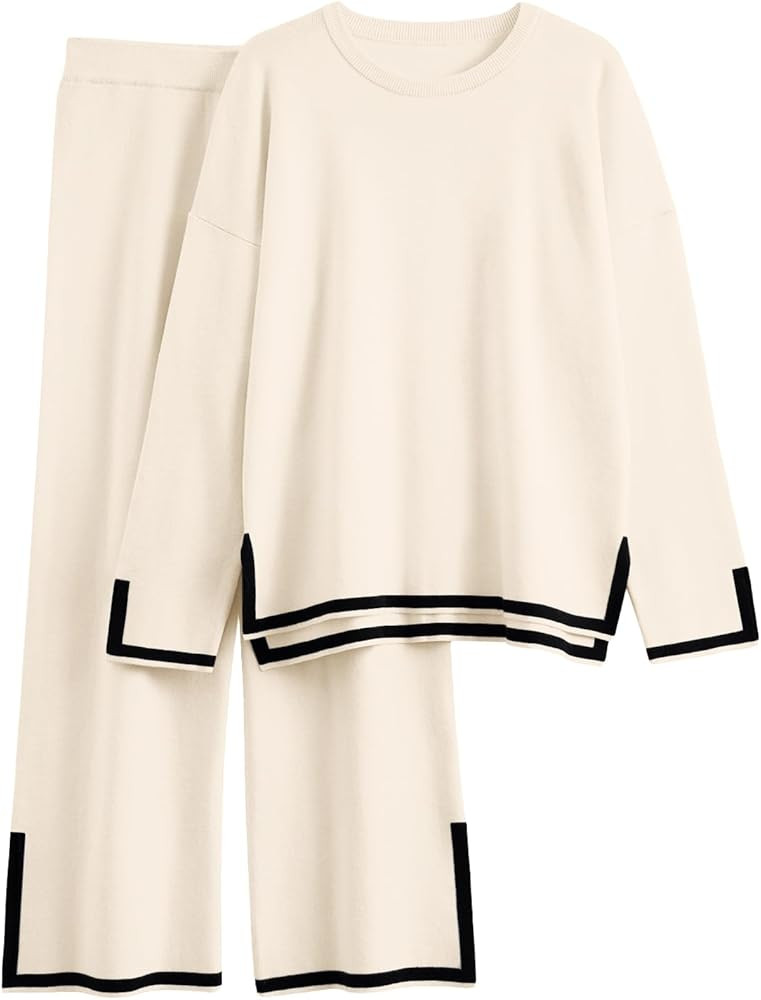 LILLUSORY Women Fall 2 Piece Lounge Set Outfits Sweatsuits Long Sleeve Sweater Tops Wide Leg Pant... | Amazon (US)