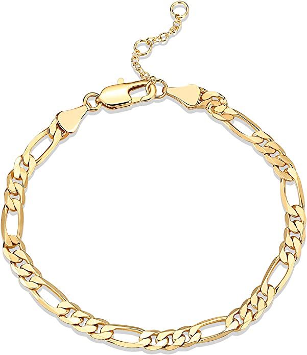 PAVOI 14K Gold Plated Paperclip/Curb/Figaro Chain Adjustable Bracelet for Women | Amazon (US)