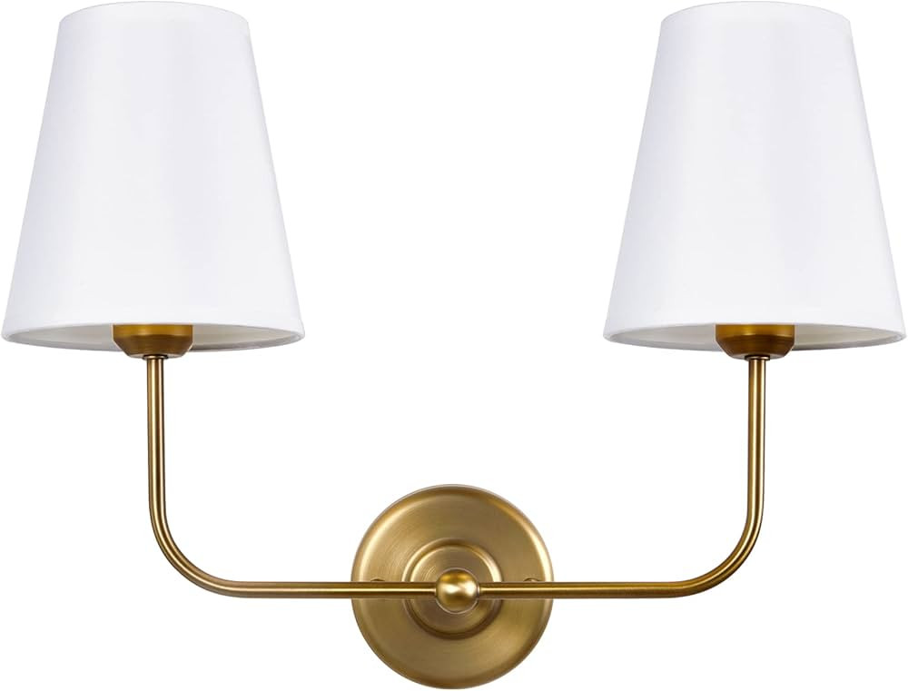 PASSICA DECOR 2 Light Modern Armed Sconce with 2pcs Antique Brass Flared White Fabric Shade Doub... | Amazon (US)