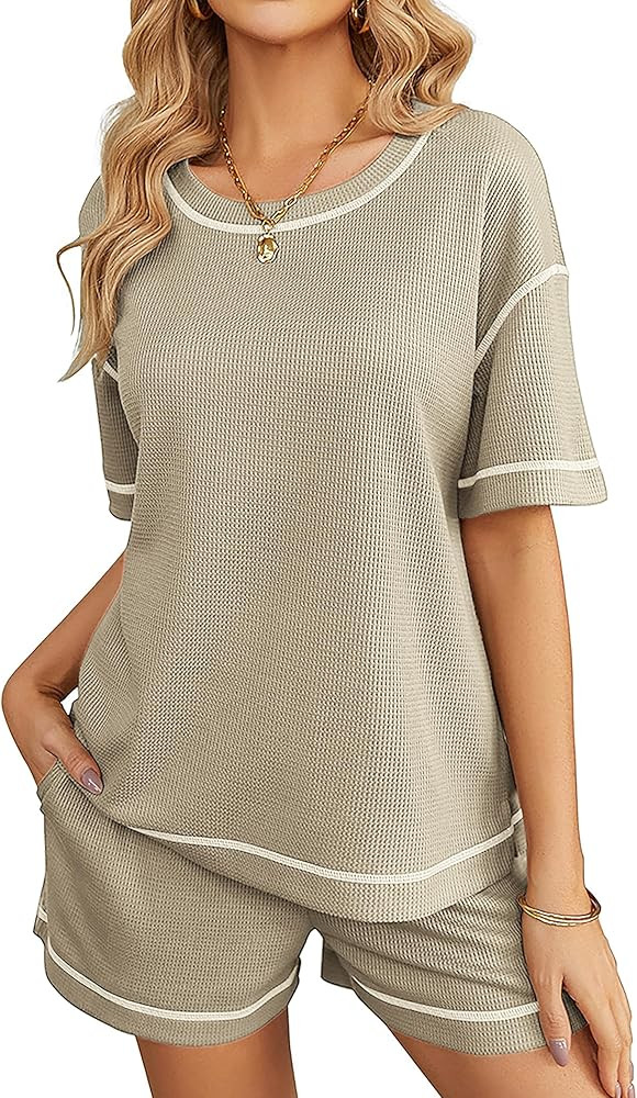 Ekouaer Pajamas for Women Set Waffle Knit Pajama Set 2 Piece Lounge Sets Loungewear PJS With Pock... | Amazon (US)