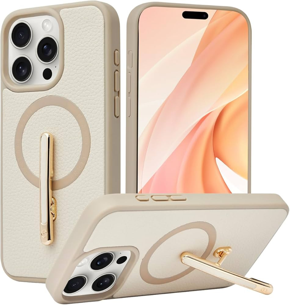 CUSTYPE for iPhone 13 Pro Max Magnetic Case with Stand for Women, Compatible with Magsafe, [2-Way Stand] Metal Foldable Kickstand, Slim Fit Leather Protective Case for Apple 13 Pro Max 6.7inch Beige | Amazon (US)