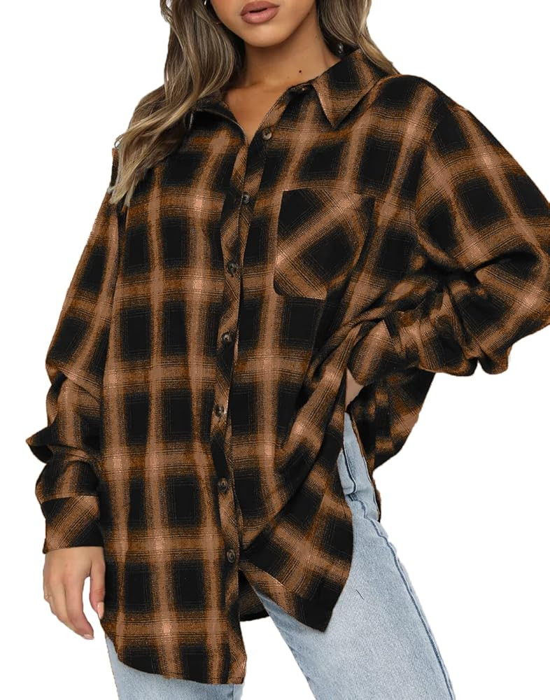 CHYRII Womens Button Down Flannel Shirts Long Sleeve Plaid Shackets Business Casual Blouse Top | Amazon (US)