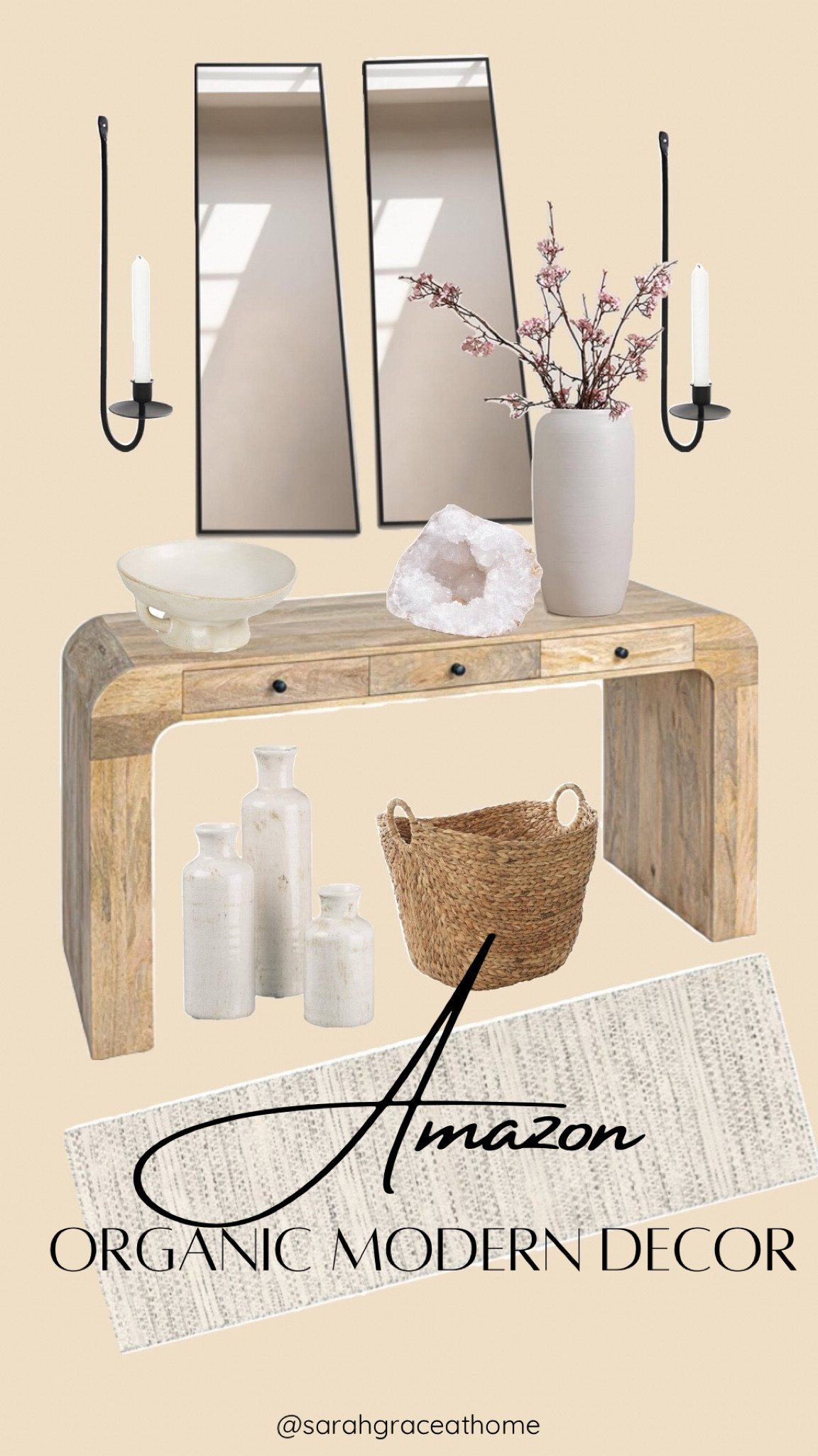 Organic modern neutral decor from Amazon. Entryway table and mirrors, wall candle sconces, stone vases, large geode crystal, storage basket and runner rug. Cream, ivory and neutral tones. 
Pottery barn inspired decor


#LTKHome #LTKSeasonal #LTKStyleTip