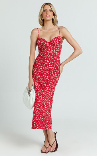 Hilton Midi Dress - Ruched Bust Slip Dress in Red Floral | Showpo (US, UK & Europe)