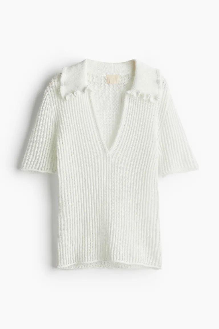 Rib-knit Top with Collar - V-neck - Short sleeve - White - Ladies | H&M US | H&M (US + CA)