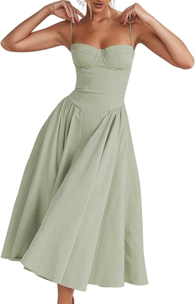 Womens Corset Dress Elegant Spaghetti Strap A-line Dress Sexy Low Cut Midi Dress Flowy Pleated He... | Amazon (US)