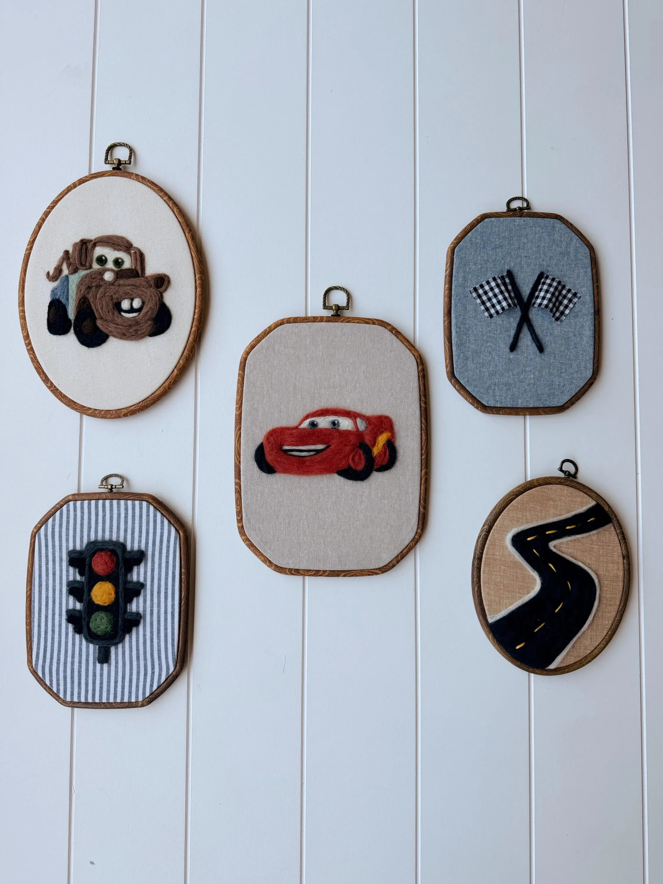 Race Car Nursery Wall Art Set | Boys Transportation Room Decor | Needle Felt Racing Wall Decor | 5 Piece Kids Room Art Set | Etsy (Global)