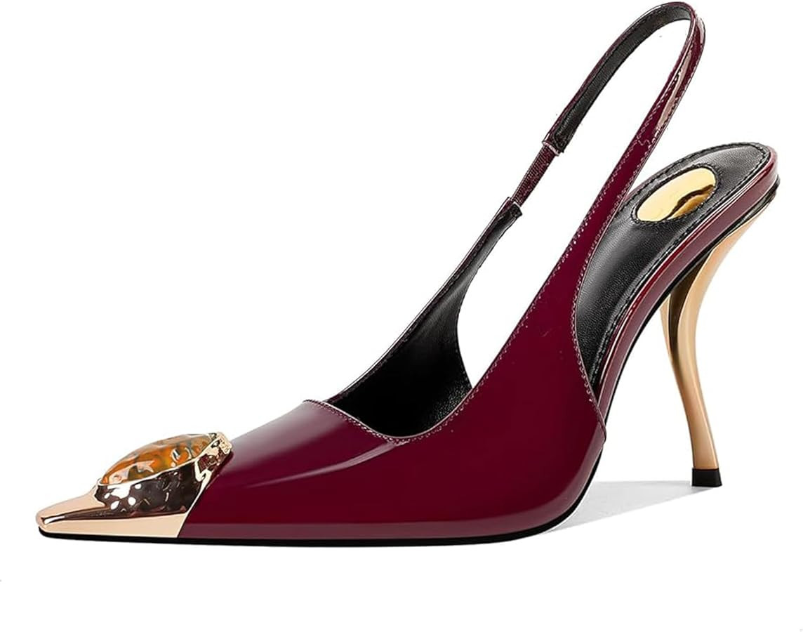 Womens Slingback High Heels Crystal Metal Pointed Closed Toe Stiletto Heeled Sandals Party Weddin... | Amazon (CA)
