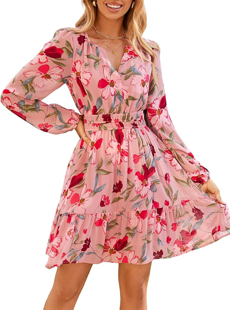Simplee Womens Fall Floral Mini Dress 2025 Long Sleeve Boho Chiffon Short Dress Casual Flowy Wedd... | Amazon (US)