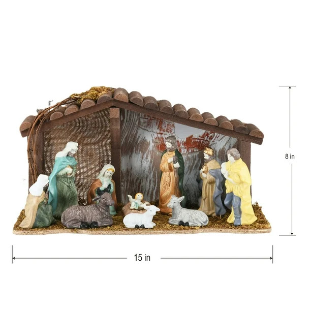 Holiday Time 12-Piece Indoor Procelain Nativity Scene with Wooden Stable Nativity Set, Nativity | Walmart (CA)