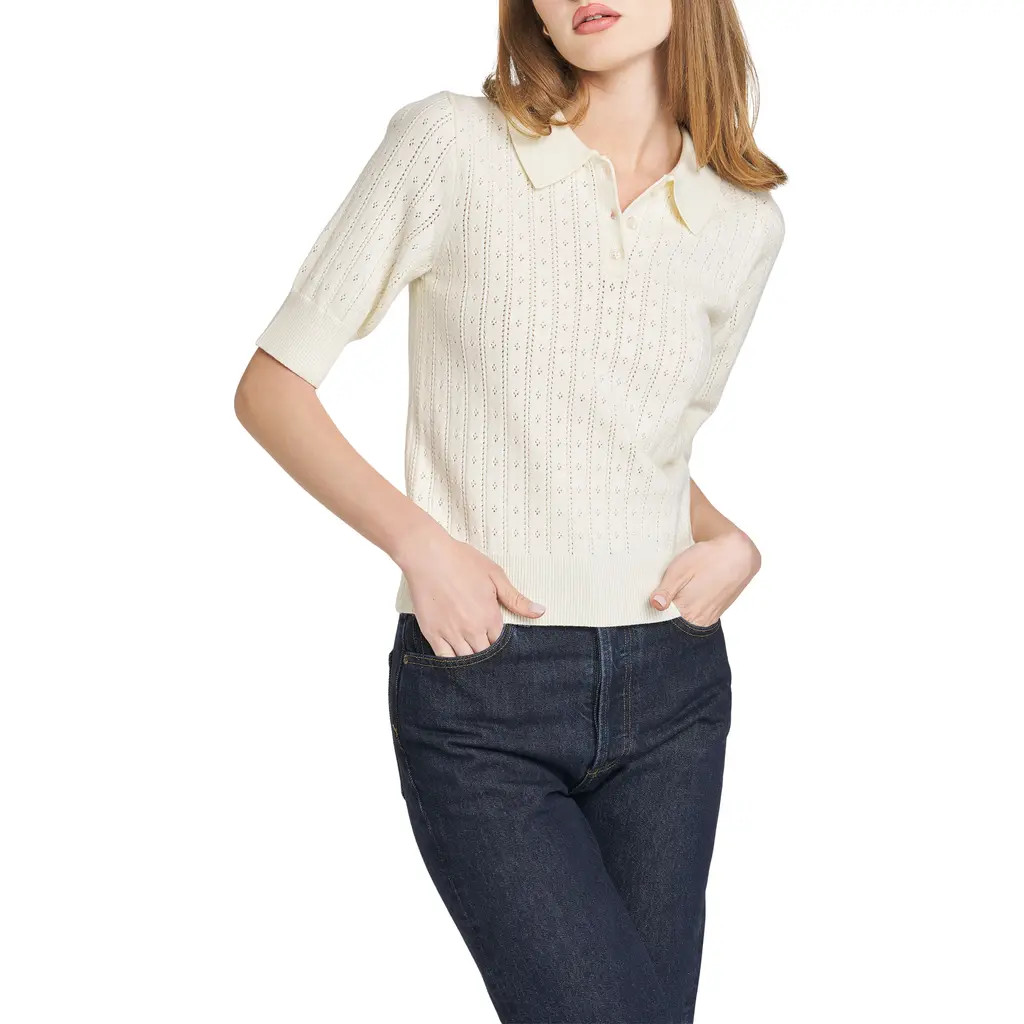 WAYF Taylor Short Sleeve Pointelle Polo Sweater in Ivory at Nordstrom Rack, Size X-Large | Nordstrom Rack