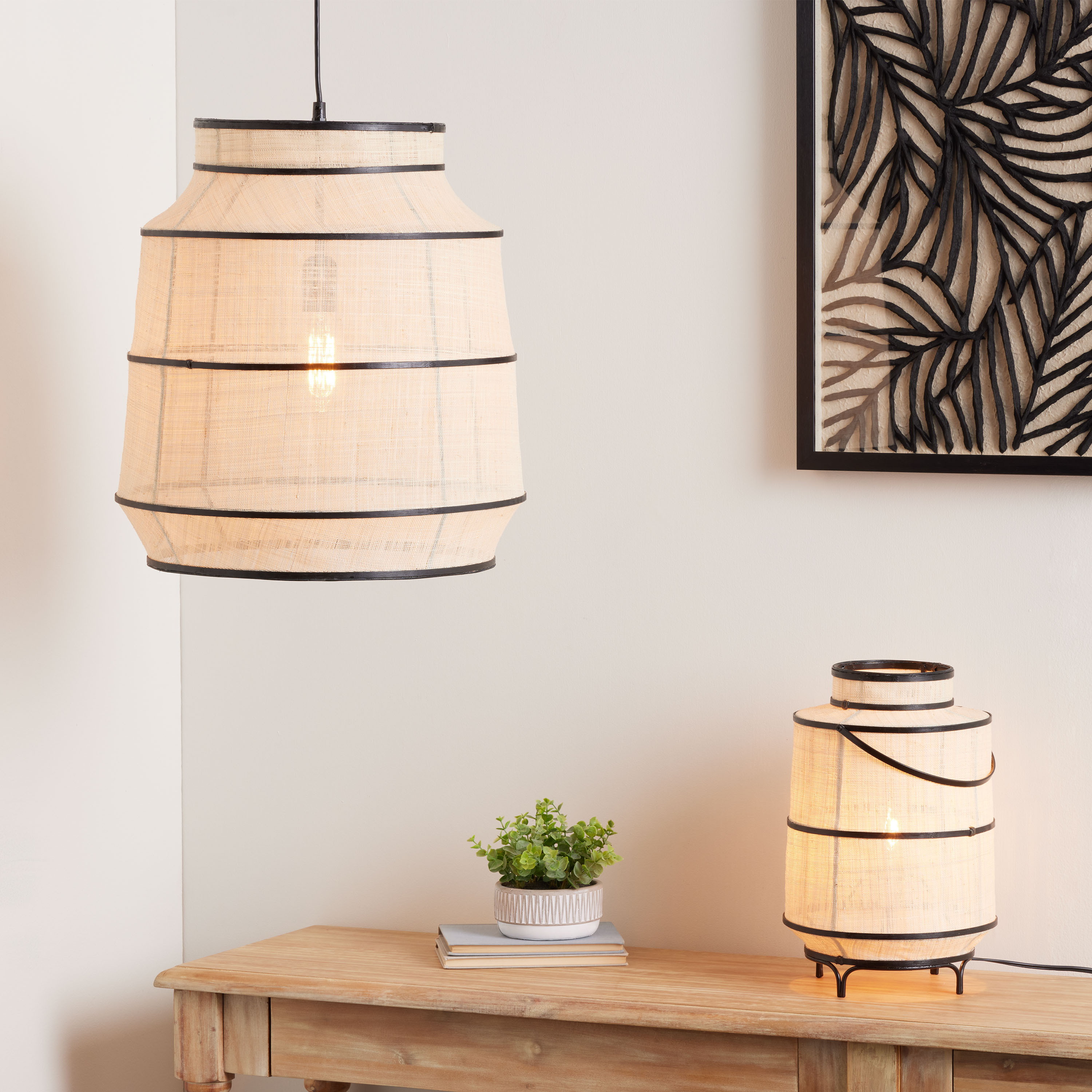 Nara Raffia and Black Bamboo Lantern Lighting Collection | World Market