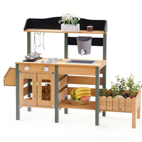 ROBUD Outdoor Mud Kitchen Set for Kids, Wooden Pretend Play Kitchen with Plant Growing Box, Real Faucet, Sink, Kitchen Accessories, Pretend Play for Kids Boys Girls Toys Age 3+ | Amazon (US)