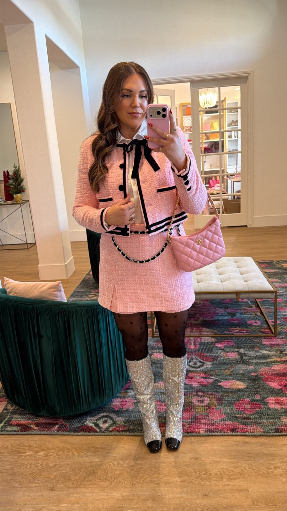 curvy midsize pink tweed look! wearing size large in white embellished button down, size large in pink tweed cropped jacket, and size 12 in pink tweed skort (could have taken the 10). silver sparkle boots are old from Chanel 🪩 

#LTKSeasonal #LTKMidsize