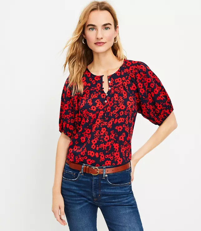 Floral Round Yoke Puff Sleeve Top | LOFT