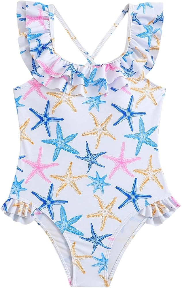 Milumia Girl's One Piece Swimsuits Starfish Print Ruffle Crisscross Back Bathing Suits | Amazon (US)