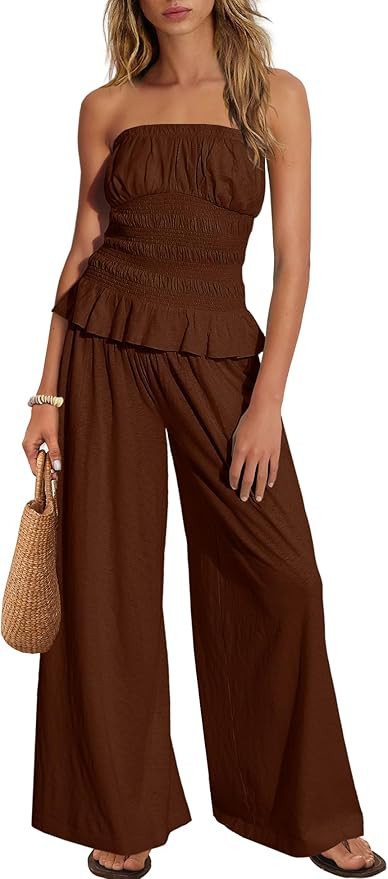 SENSERISE Pants Sets Women 2 Piece Outfits Strapless Smocked Top Wide Leg Pants Summer Vacation O... | Amazon (US)