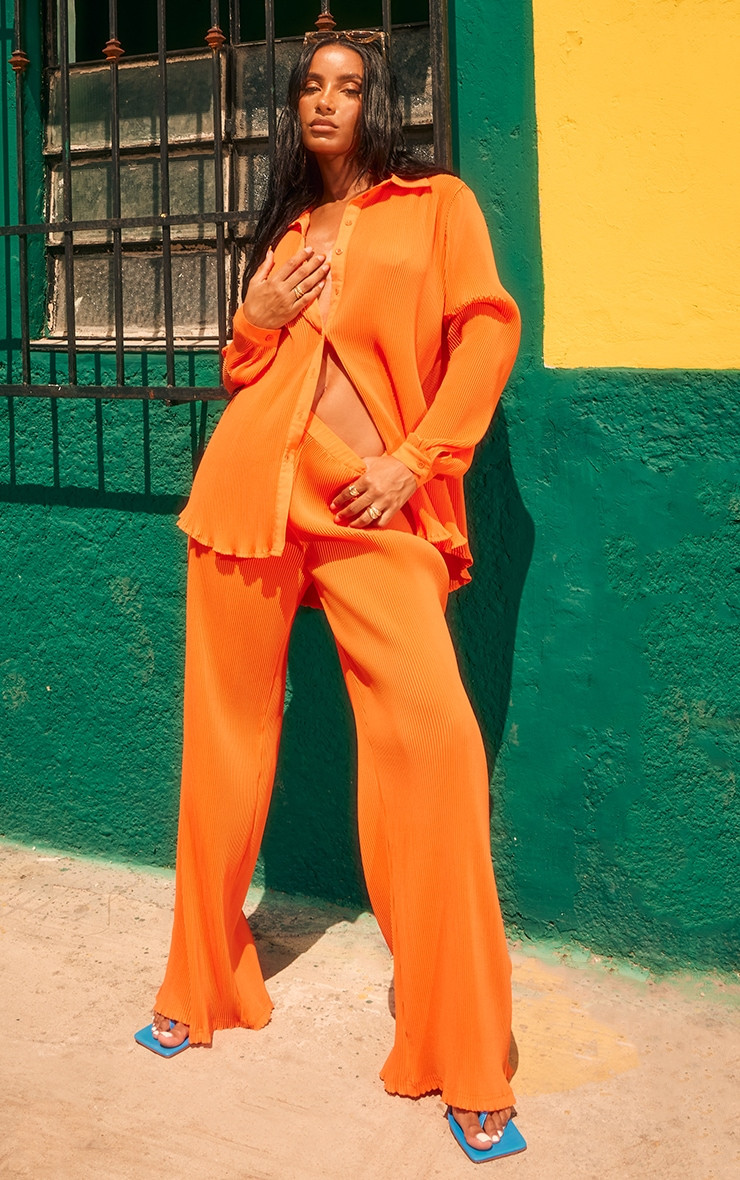 Bright Orange Plisse High Waist Wide Leg Pants | Pretty Little Thing (Australia & New Zealand)