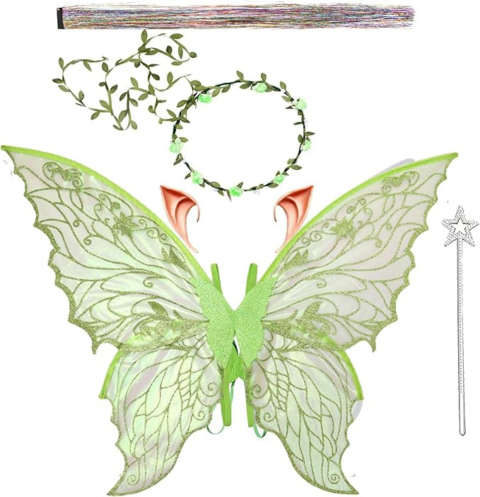 Fairy Wings for Adults and Girls，Fairy Costume Set with Floral Garland, Fairy Hair Tinsel, Wand... | Amazon (US)