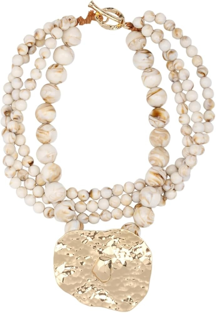 Multi Strand Bead Pendant Necklace for Women Stone Wood Pearl Jewelry | Amazon (US)