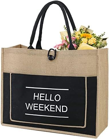 BeeGreen Black 20'' x 16'' x 7.25'' Extra Large Embroidery Hello Weekend Jute Tote Bag with Inner Zi | Amazon (US)