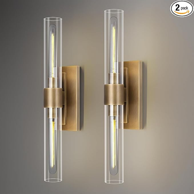 Brass Wall Sconces, 22.8" Bathroom Wall Sconce, Antique Brass Wall Sconces Set of 2, 2-Light Dimm... | Amazon (US)