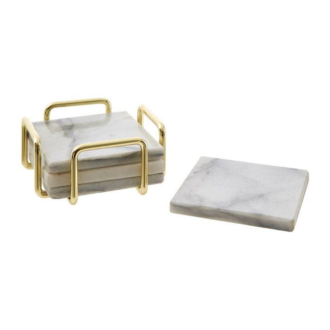 Set of 4 Marble Coasters in White with Brass Finish Holder | La Redoute (UK)